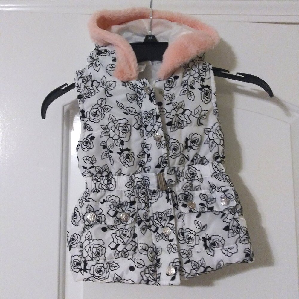 Nicole Miller New York Hooded Puffer Vest Faux Fur Trim Girls Size 4 Floral